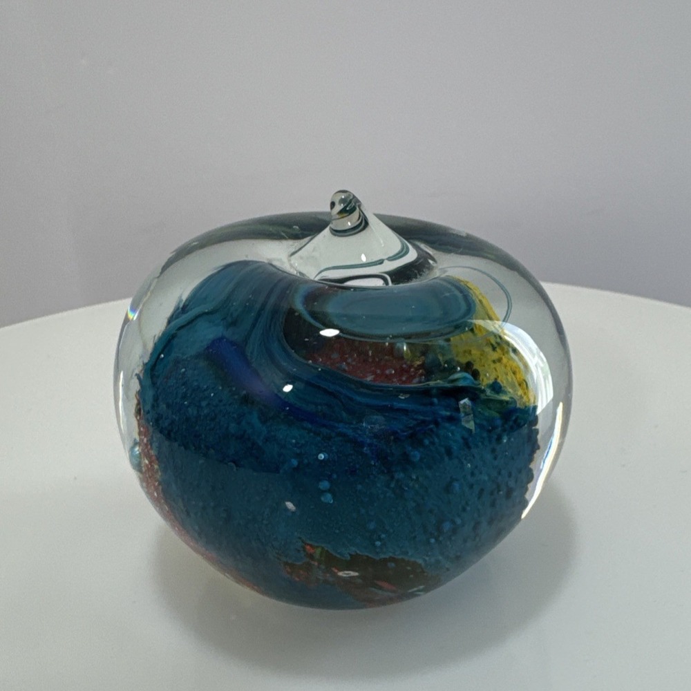 Vintage Hand‎ Blown Art Glass Apple Paperweight McM Teal Blue Yellow Swirl 2.5"